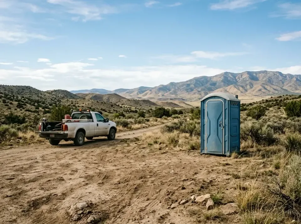 Portable Toilet — Remote Location — Portable Toilet, Pickup Truck, Dirt Road, Remote Location, Event Porta Potty Rental in S…